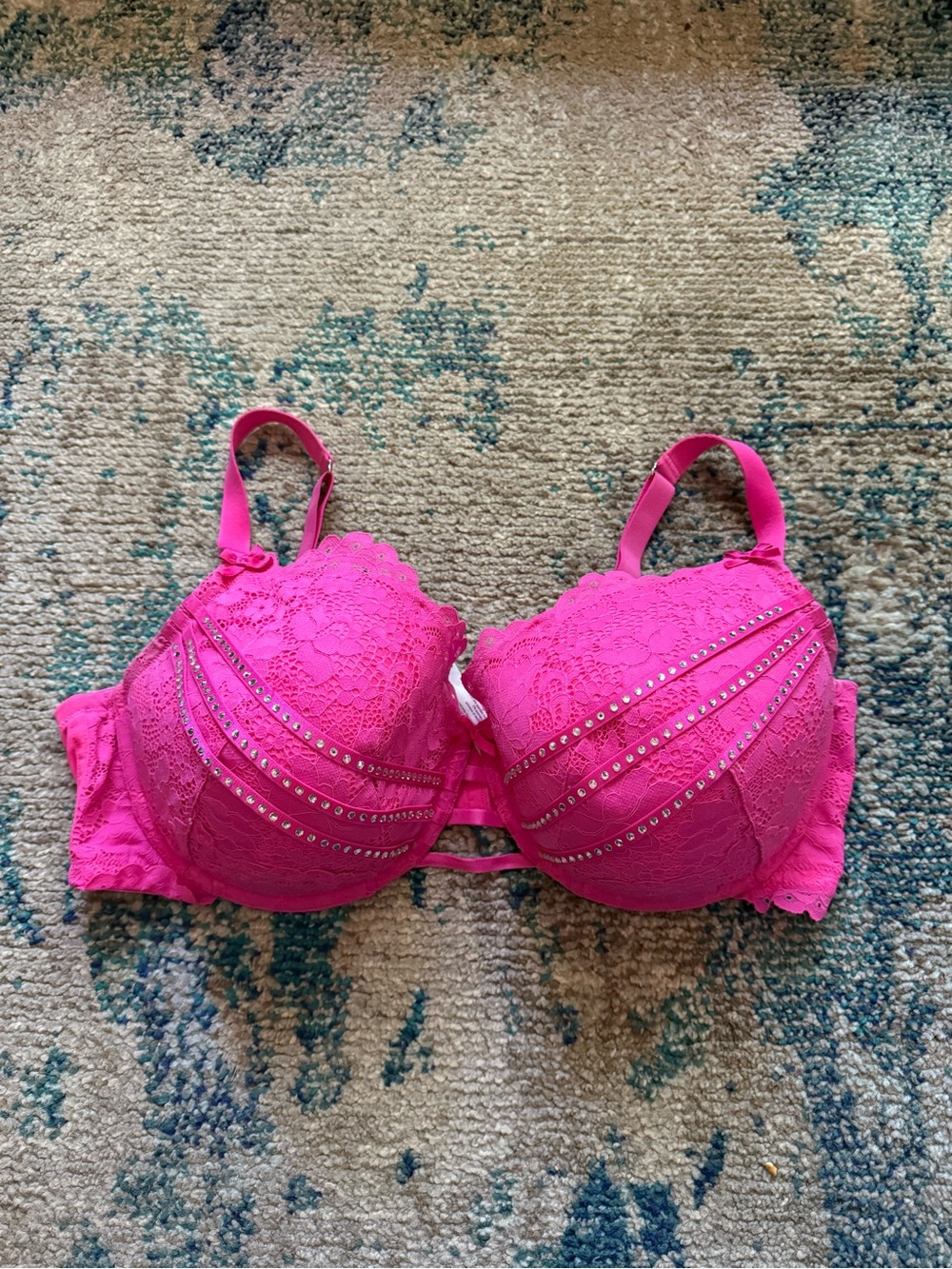 Cacique Bright Pink Lace Push-Up Bra with Stud Accents